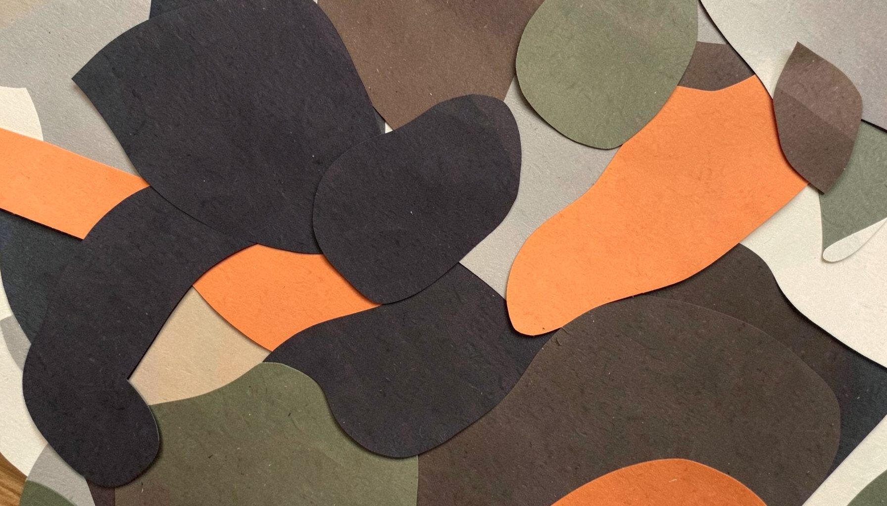 A layered paper cut-out collage of overlapping organic shapes in deep charcoal-brown, warm taupe, and muted olive tones, with soft cream highlights and a quiet, contemplative atmosphere.